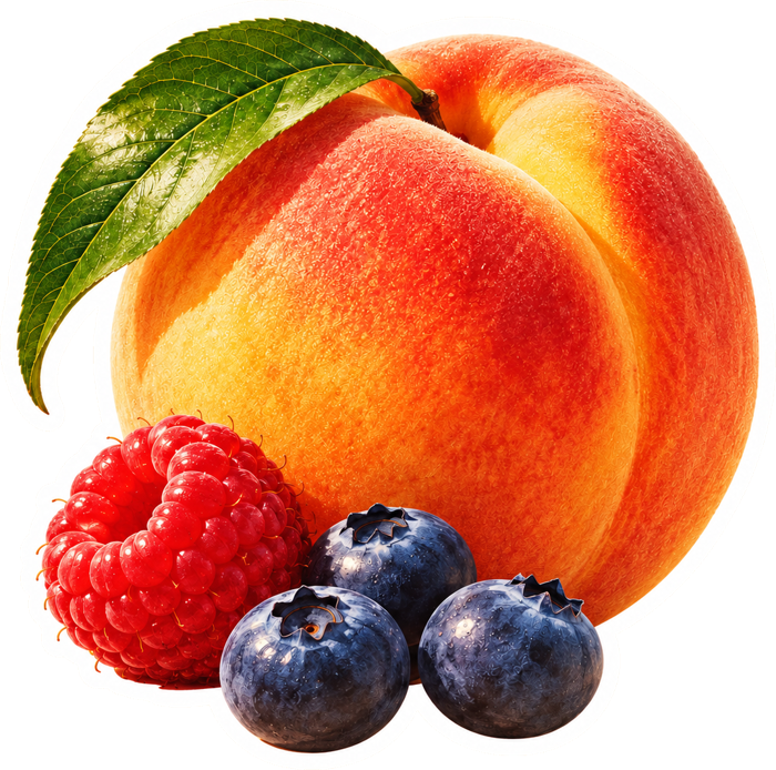 Pfirsich mit Himbeere und drei Blaubeeren – das Peachberry-Logo